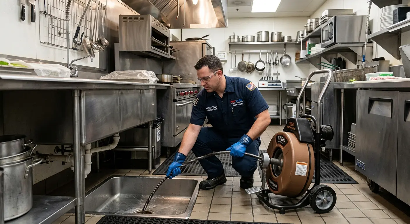 Commercial drain cleaning service in a restaurant kitchen in Glennville