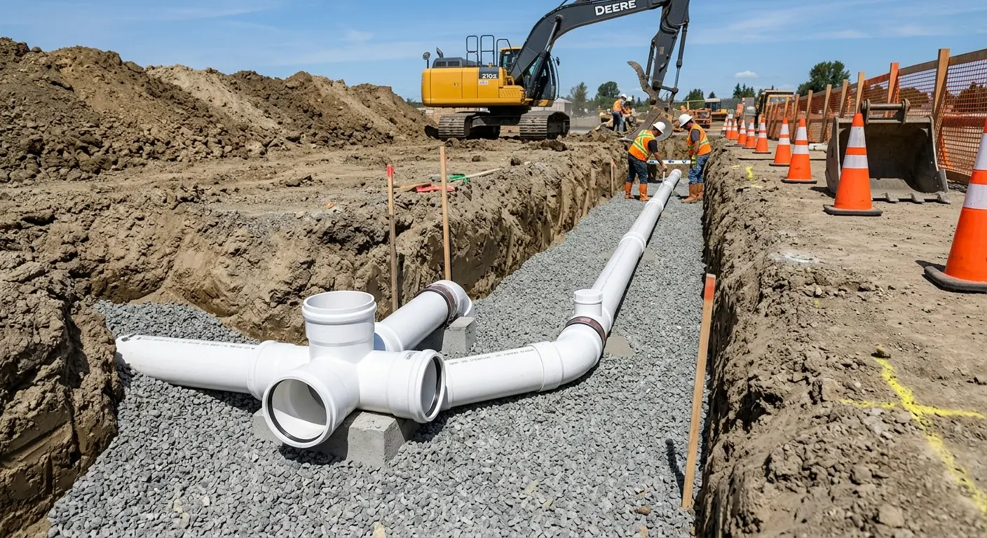 New PVC sewer pipe installation in open trench for Commercial Drain Cleaning in Glennville