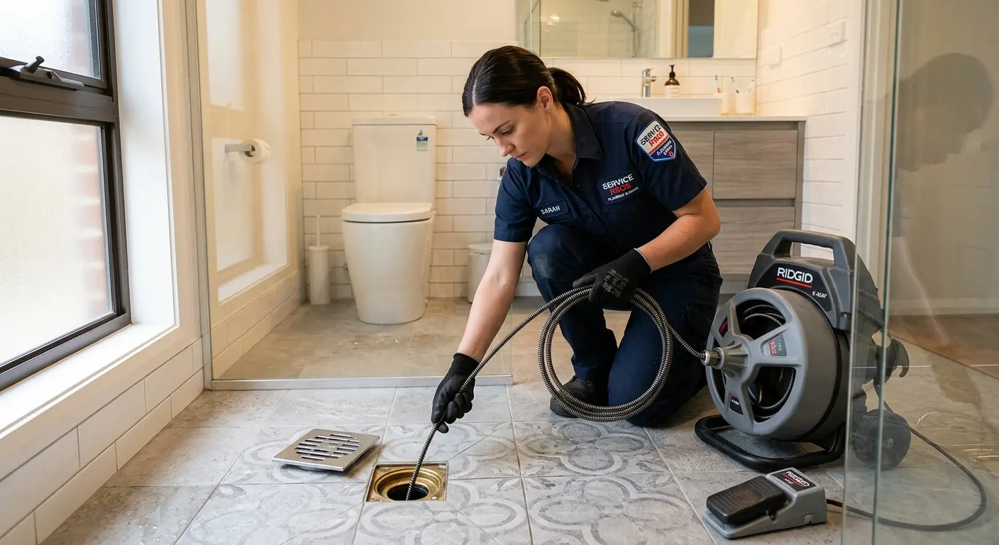 Technician clearing a bathroom floor drain for Clogged Drain Repair in Glennville